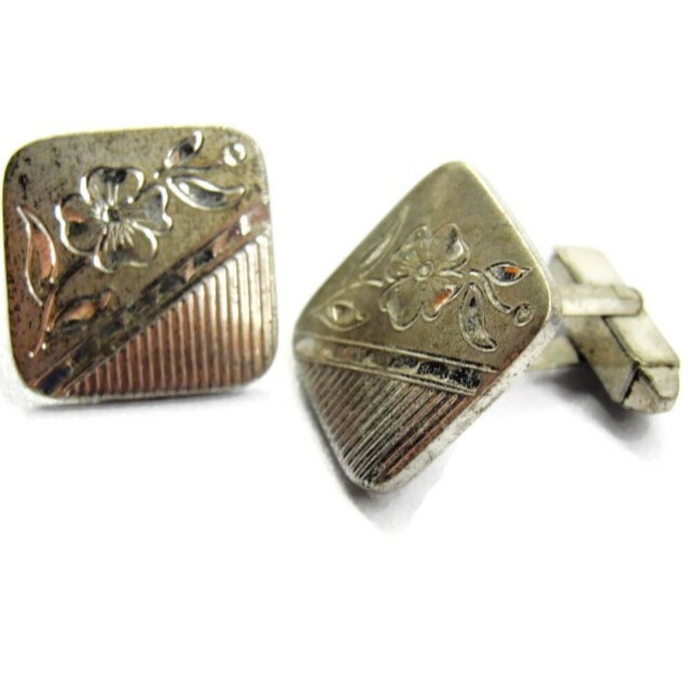Wells Engraved Flower Vertical Lines Sterling Silver 925 Vtg Patina Cufflinks